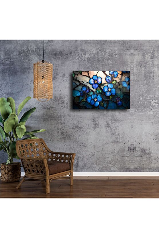 Mavi Çiçekli Vitray Cam Tablo