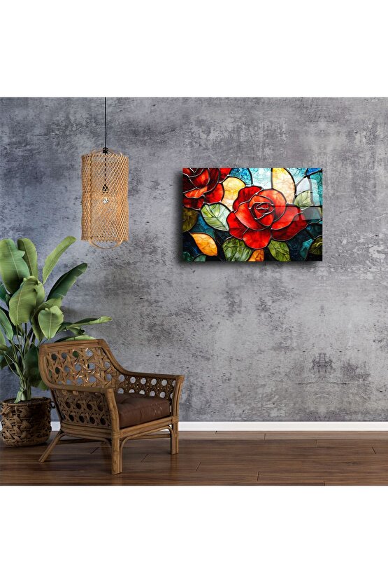 İkili Kırmızı Gül Cam Tablo