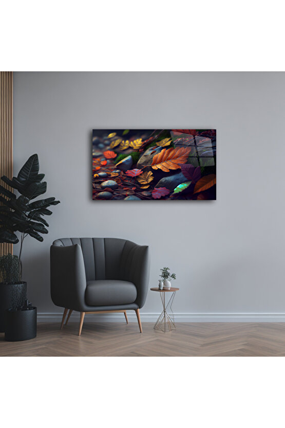 Renkli Yapraklar ve Taşlar Cam Tablo Duvar Dekoru