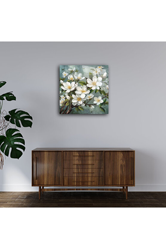 Beyaz Çiçekler Cam Tablo Duvar Dekoru