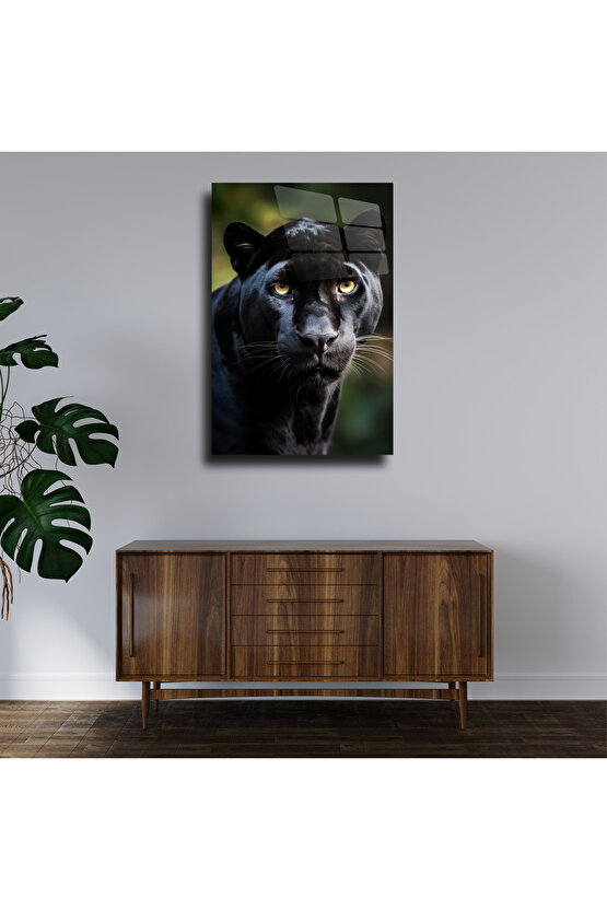 Kara Siyah Panter Cam Tablo Duvar Dekoru
