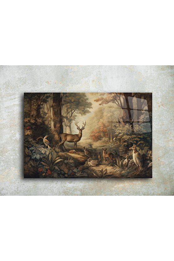 Geyik ve Orman Manzarası Cam Tablo Duvar Dekoru