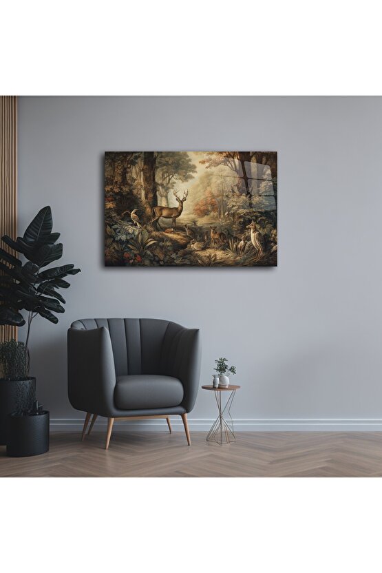 Geyik ve Orman Manzarası Cam Tablo Duvar Dekoru