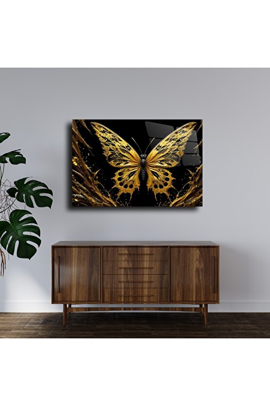 Gold Kelebek Cam Tablo Duvar Dekoru 2