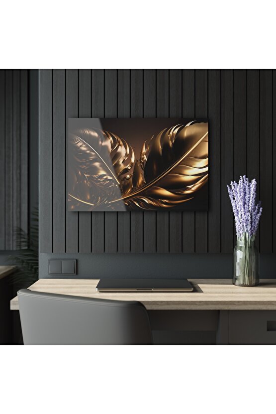 Gold Altın Renkli Yapraklar Cam Tablo Duvar Dekoru