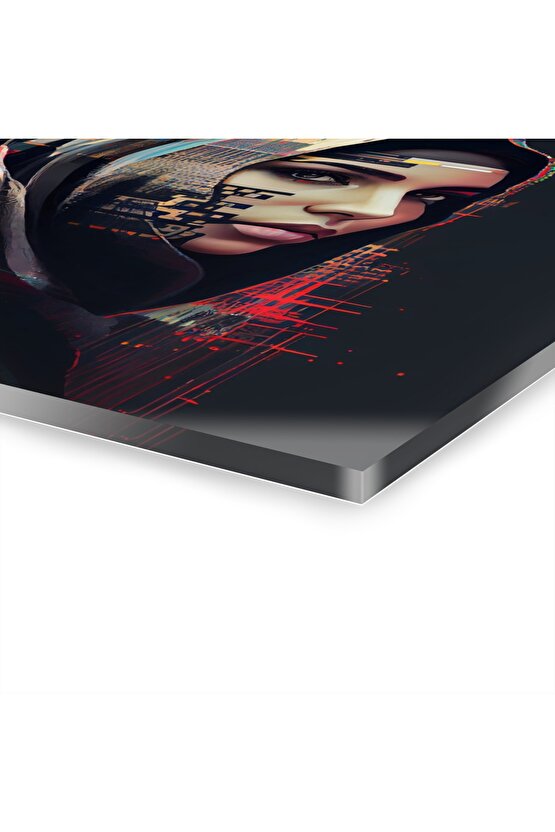 Müslüman Kız Sulu Boya Türban Başörtüsü İslam Cam Tablo Duvar Dekoru 2