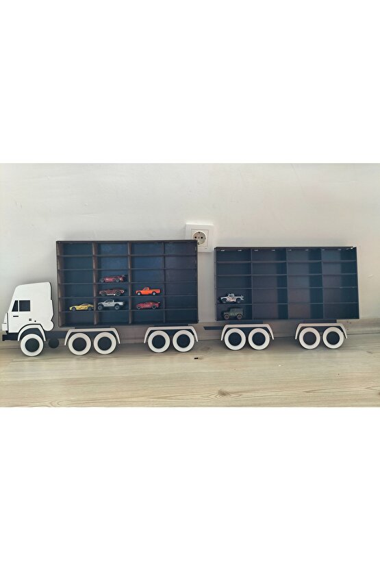 Çift Vagonlu Çocuk Odası Oyuncak Araba Rafı 44 Araç Kapasiteli Kamyon Tır 100x32 Cm