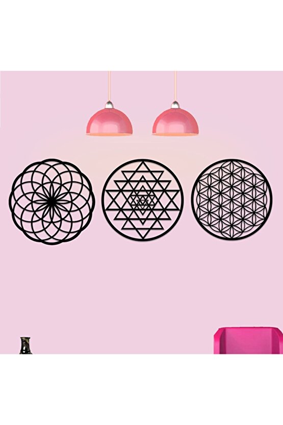 Ahşap 3 Mm Mdfyaşam Çiçeği Sri Yantra Ve Torus 3lü Set Duvar Tablosu 35x35