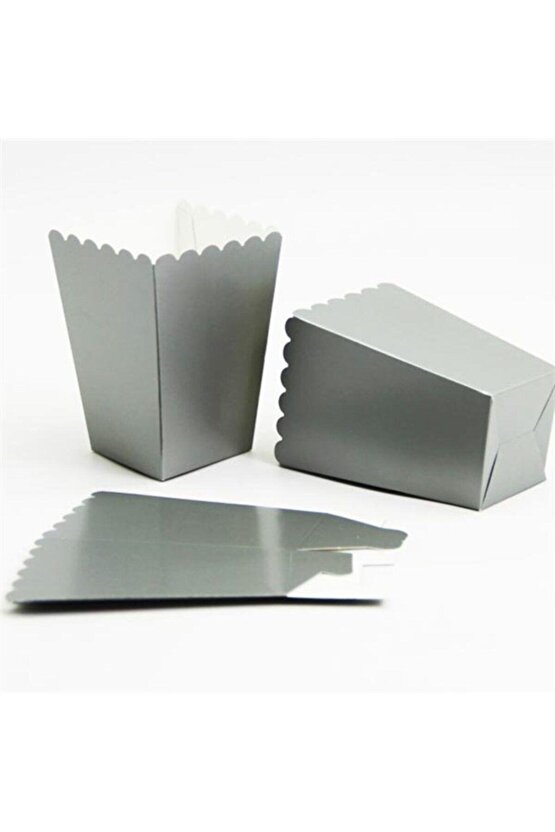 Gümüş Mısır Kutusu 8li Gri Karton Cips Kutusu Düz Renkli 8 Adet Silver Pop Corn Darı Kabı
