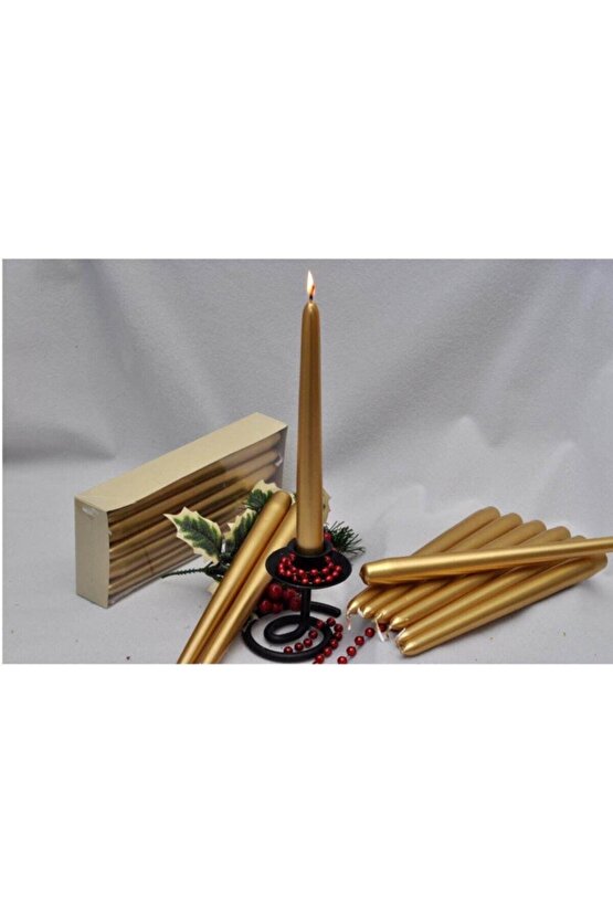 4 Adet Altın Konik Şamdan Mumu,gold Şamdan Mum 25 Cm Çok Şık