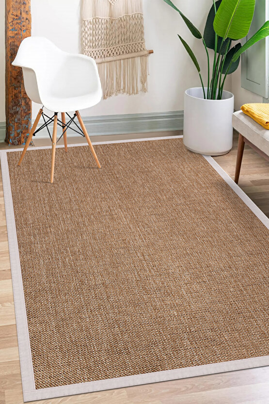 0604-Krem Kumaş Bordür Sisal Halı Kilim Hav Toz Vermez Kolay Temizlenen Hasır Kilim