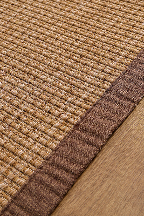 0465-Kahverengi Kumaş Bordür Sisal Halı Kilim Hav Toz Vermez Kolay Temizlenen Hasır Kilim