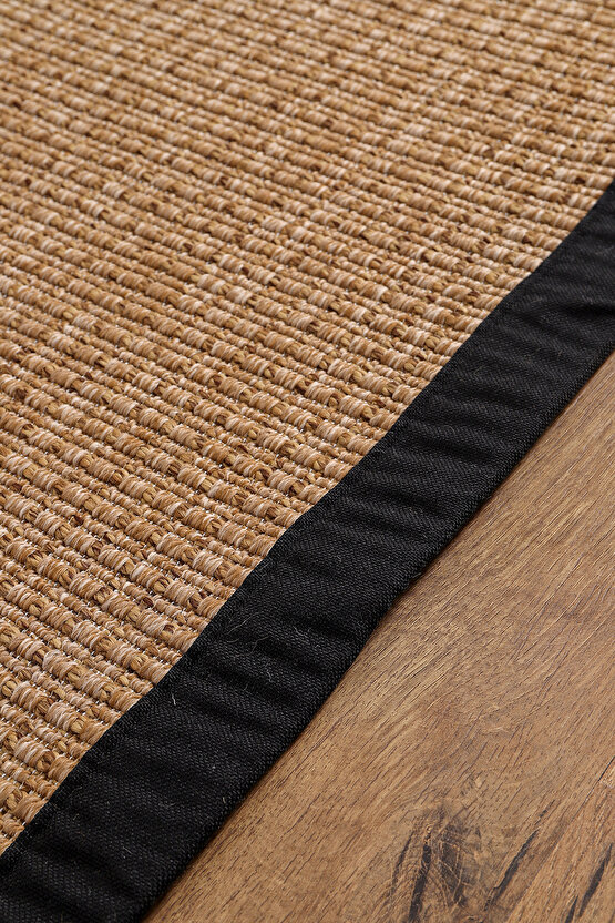 0465-Siyah Kumaş Bordür Sisal Halı Kilim Hav Toz Vermez Kolay Temizlenen Hasır Kilim