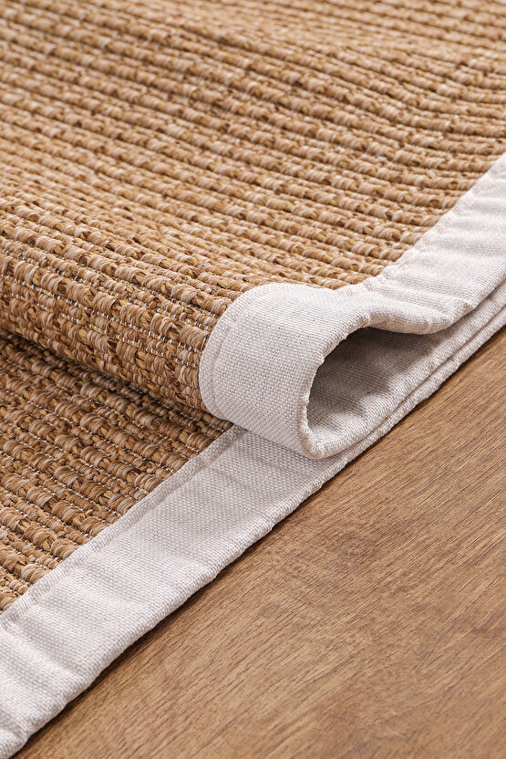 0465-Krem Kumaş Bordür Sisal Halı Kilim Hav Toz Vermez Kolay Temizlenen Hasır Kilim