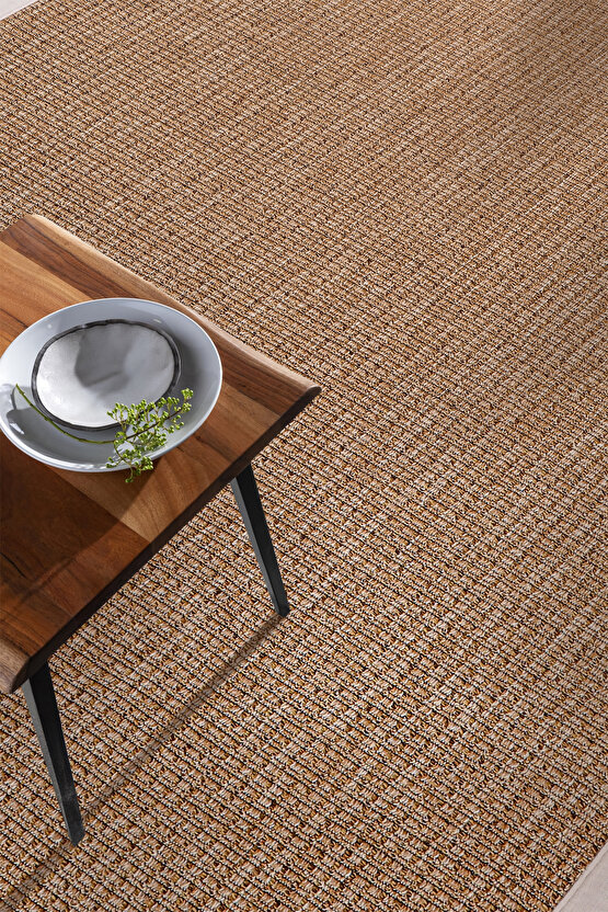 0465-Krem Kumaş Bordür Sisal Halı Kilim Hav Toz Vermez Kolay Temizlenen Hasır Kilim