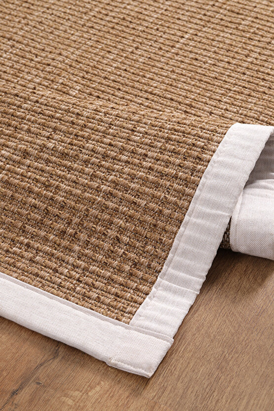 0465-Krem Kumaş Bordür Sisal Halı Kilim Hav Toz Vermez Kolay Temizlenen Hasır Kilim