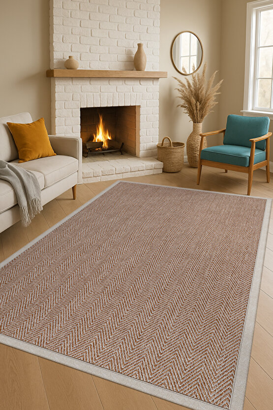 0408-Krem Kumaş Bordür Sisal Halı Kilim Hav Toz Vermez Kolay Temizlenen Hasır Kilim