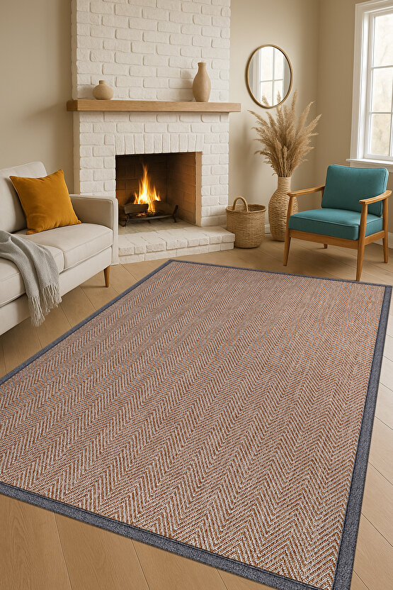 0408-Gri Kumaş Bordür Sisal Halı Kilim Hav Toz Vermez Kolay Temizlenen Hasır Kilim