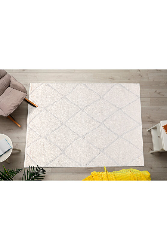 MACRO B109 Beyaz Kolay Kullanım Hav Toz Vermez Yumuşak Dokulu Uzun Tüylü Modern Shaggy Halı