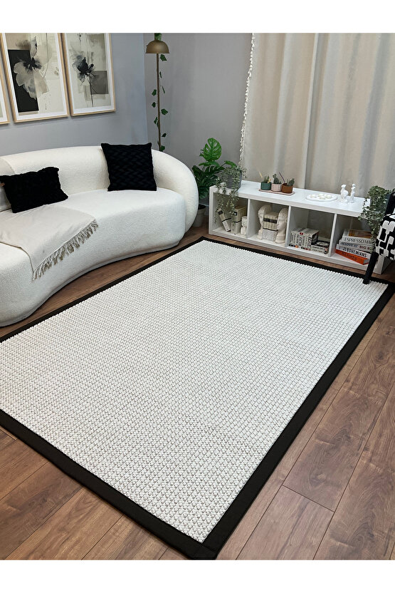 Kumaş Bordür Beyaz Bukle Koyu Kahve Bordür  Halı Salon Koridor Mutfak Çocuk Odası Halısı  Kilim S261