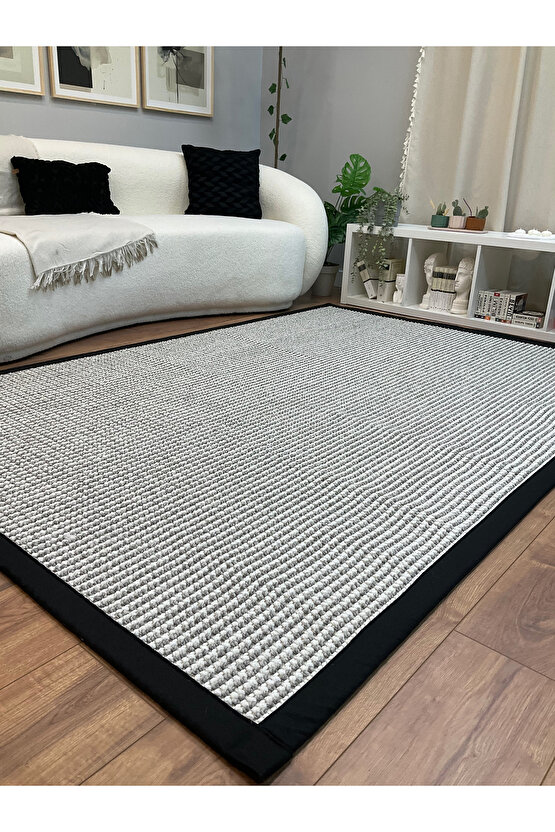 Kumaş Bordür Gri Bukle Siyah Bordür  Halı Salon Koridor Mutfak Çocuk Odası Halısı  Kilim S270