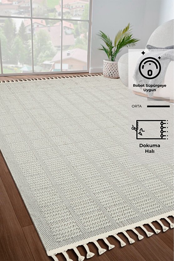 Bukle Beyaz Yumuşak Dokulu Halı Kilim Salon Mutfak Koridor Kesme Yolluk Dokuma Makine Halısı 11880