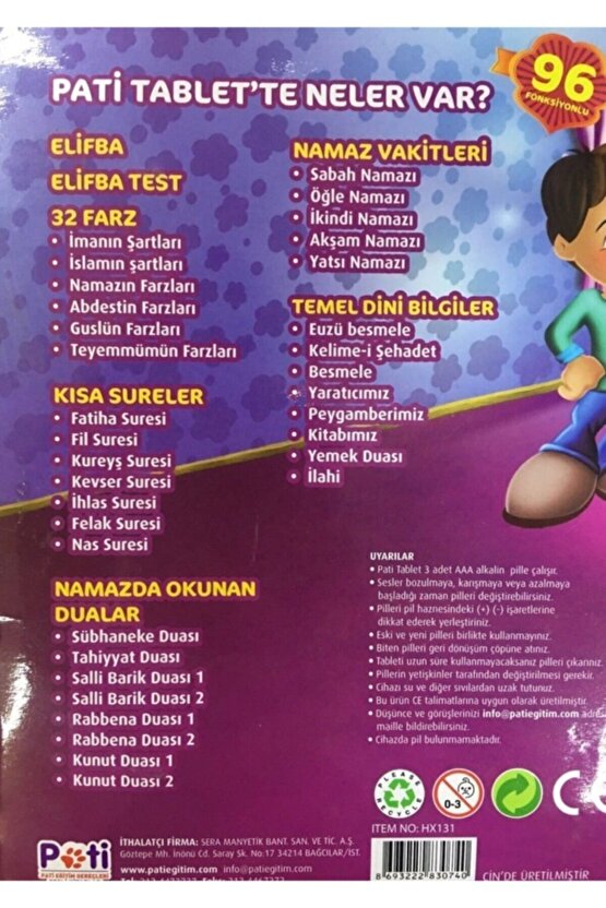 Çocuklara Dini Bilgiler Oyun Tableti Sesli Elifba Namaz Sureleri Ve Dini Bilgiler Pati