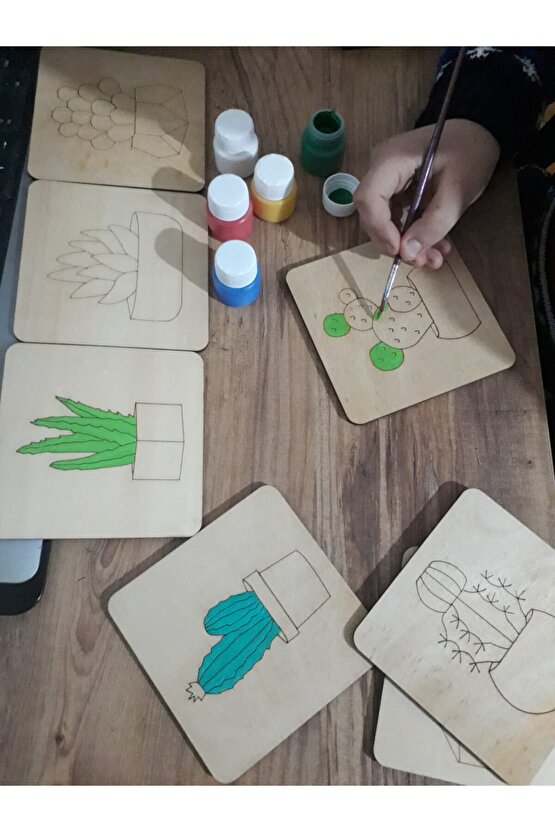 Kaligrafi Fon Hediyeli Ahşap Üzerine Kaktüs Figürlü Beceri Geliştiren Ahşap Boyama Sandığı Seti