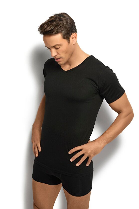 Erkek Siyah Pamuklu Kısa Kollu V Yaka Atlet Fanila 3lü Paket-112