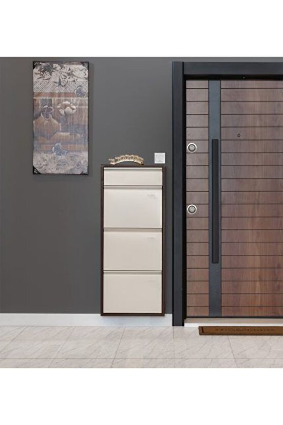 3’lü Ekstra Metal Ayakkabılık (Kahve-Krem) | Modern Tasarım ve Geniş İç Hacim