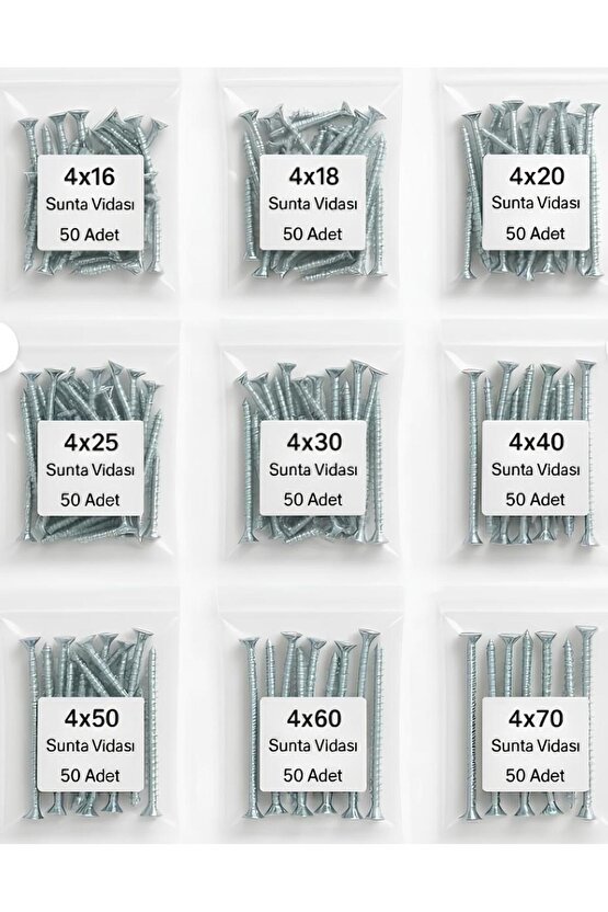 Ağaç Ve Sunta Vidası Seti – 450 Vida  9 Boy (16-70 MM) 4 ÇAP