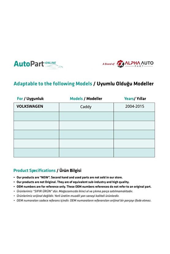 Volkswagen Caddy için Sol-Sağ Cam Tamir Seti