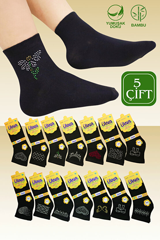 Kadın Bambu Çorap (5 ÇİFT) Renkli Taşlı Patik Kadın Çorap
