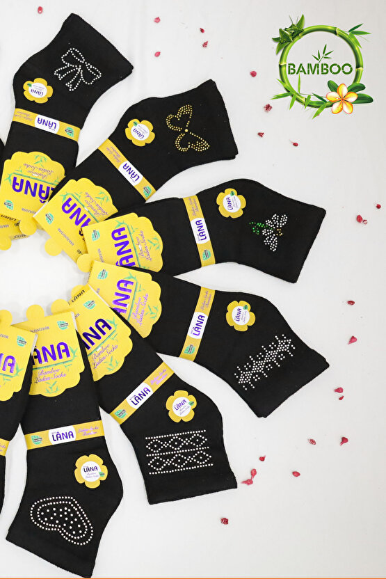 Kadın Bambu Çorap (5 ÇİFT) Renkli Taşlı Patik Kadın Çorap