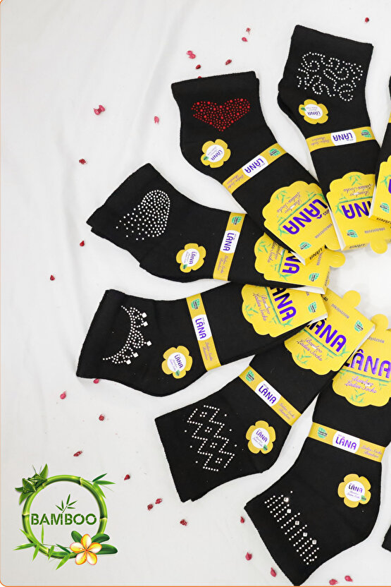 Kadın Bambu Çorap (5 ÇİFT) Renkli Taşlı Patik Kadın Çorap