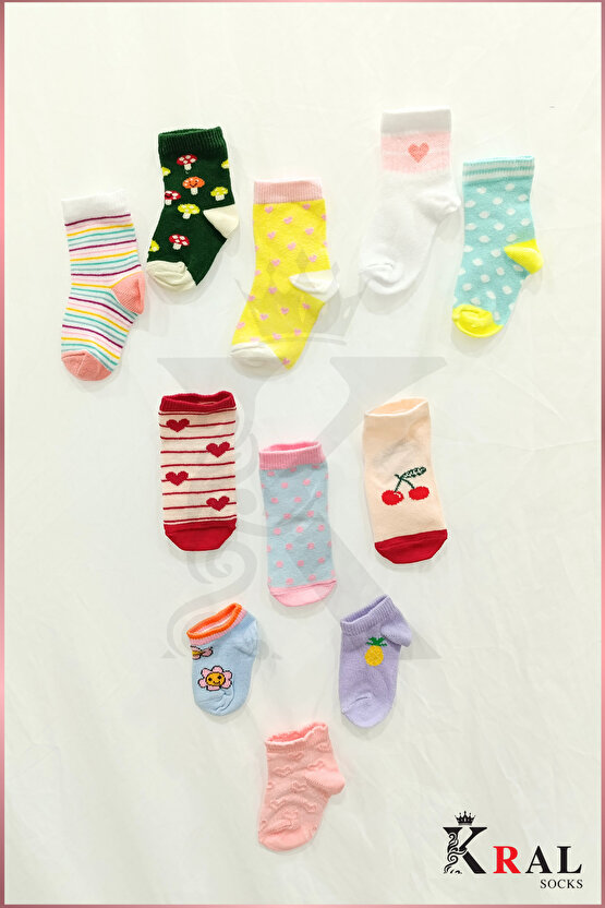 Kız Çocuk Çorap (10 ÇİFT) Desenli Kısa Patik Bebek Çorap