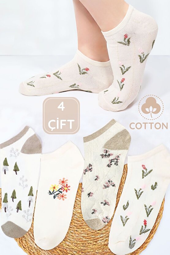 4 Çift Kadın Çorap (Trend) Desenli Kısa Patik Çorap Yeni Sezon
