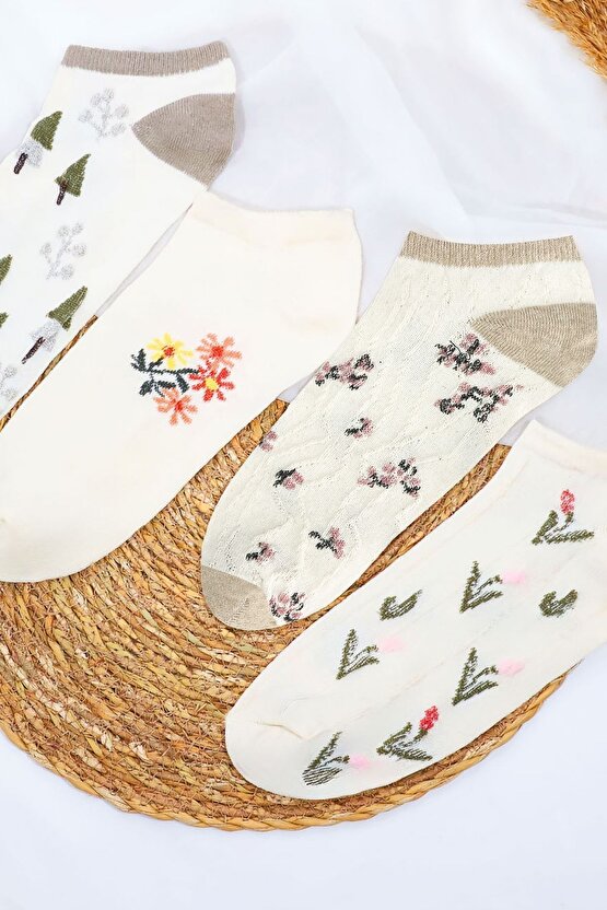 4 Çift Kadın Çorap (Trend) Desenli Kısa Patik Çorap Yeni Sezon
