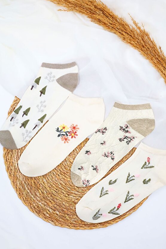 4 Çift Kadın Çorap (Trend) Desenli Kısa Patik Çorap Yeni Sezon