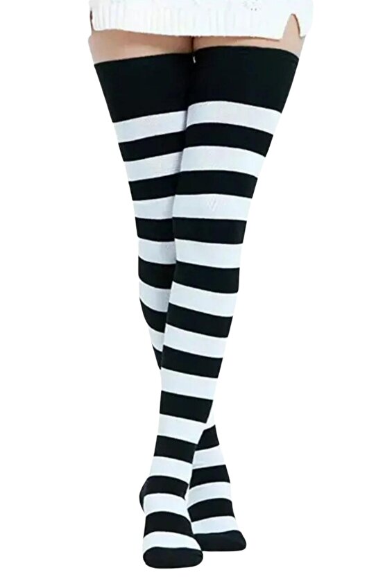 Kadın Dizüstü Çorap (2 Çift) Günlük Düz Çizgili Pamuklu Diz Üstü Siyah Çorap Yeni Trend