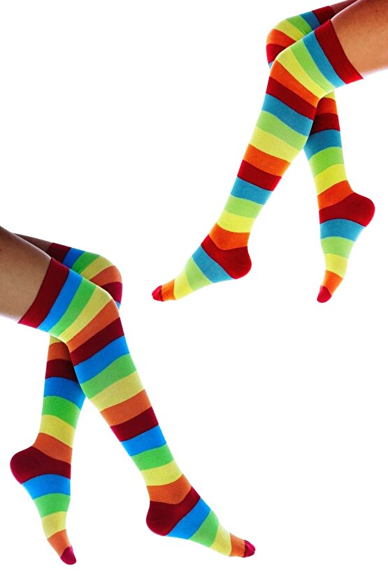 Kadın Dizüstü Çorap (2 Çift) Günlük Düz Çizgili Pamuklu Diz Üstü Siyah Çorap Yeni Trend