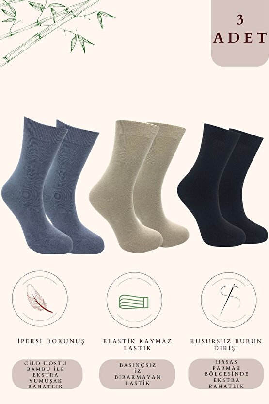 Kadın Çorabı Ter Emici Dikişsiz Extra Soft Model Soket Uzun Bambu Çorap (3 ÇİFT) Asorti Renk
