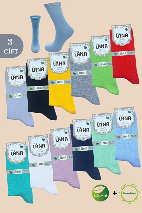 Kadın Çorabı (BAMBU MODAL) Ter Emici Dikişsiz Trend Model Soket Uzun Çorap (3 ÇİFT) Asorti Renk