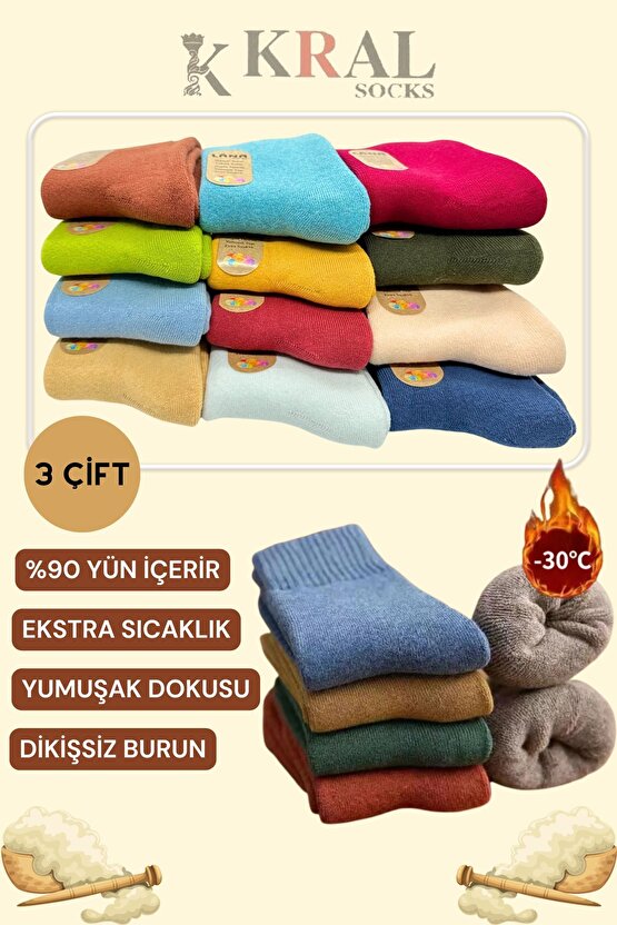 Termal Özellikli 2x Korumalı (3 ÇİFT) Kadın Soft Renkli Kışlık Yün Havlu Çorap