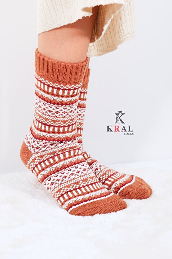 Özel Üretim (3 Çift) Kalın Kışlık %100 Yün Çizgili - Motif Desenli Çorap