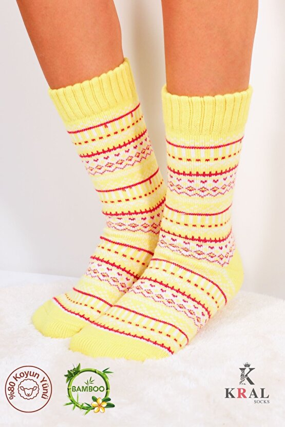 Özel Üretim (3 Çift) Kalın Kışlık %100 Yün Çizgili - Motif Desenli Çorap