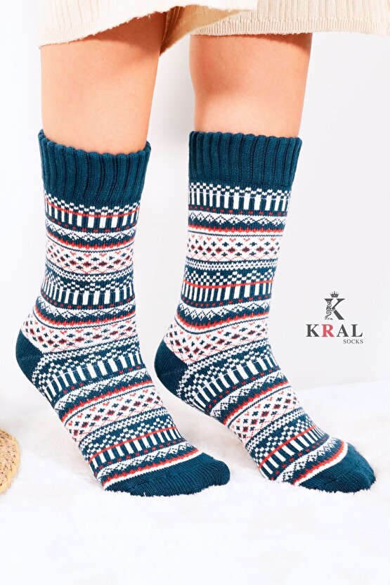 Özel Üretim (3 Çift) Kalın Kışlık %100 Yün Çizgili - Motif Desenli Çorap
