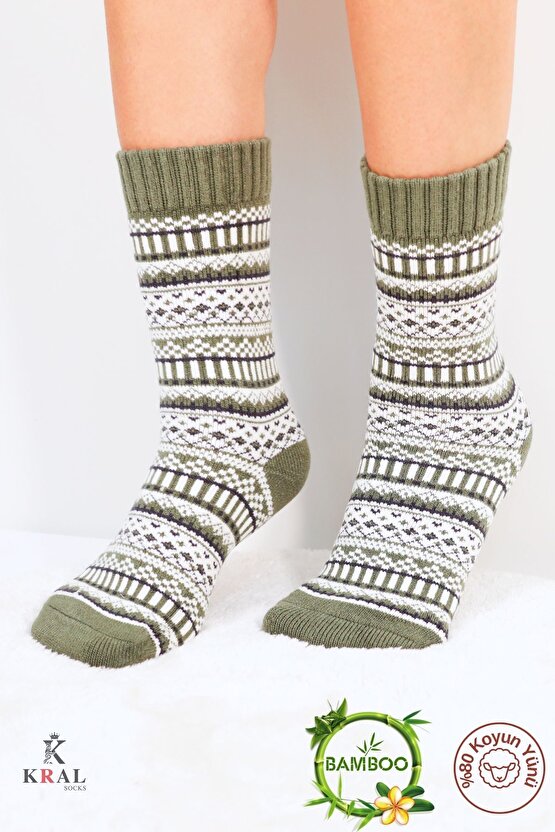 Özel Üretim (3 Çift) Kalın Kışlık %100 Yün Çizgili - Motif Desenli Çorap