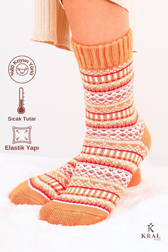Özel Üretim (3 Çift) Kalın Kışlık %100 Yün Çizgili - Motif Desenli Çorap