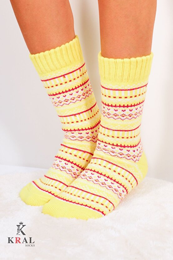 Özel Üretim (2 Çift) Kalın %100 Yün Kışlık Çizgili - Motif Desenli Çorap